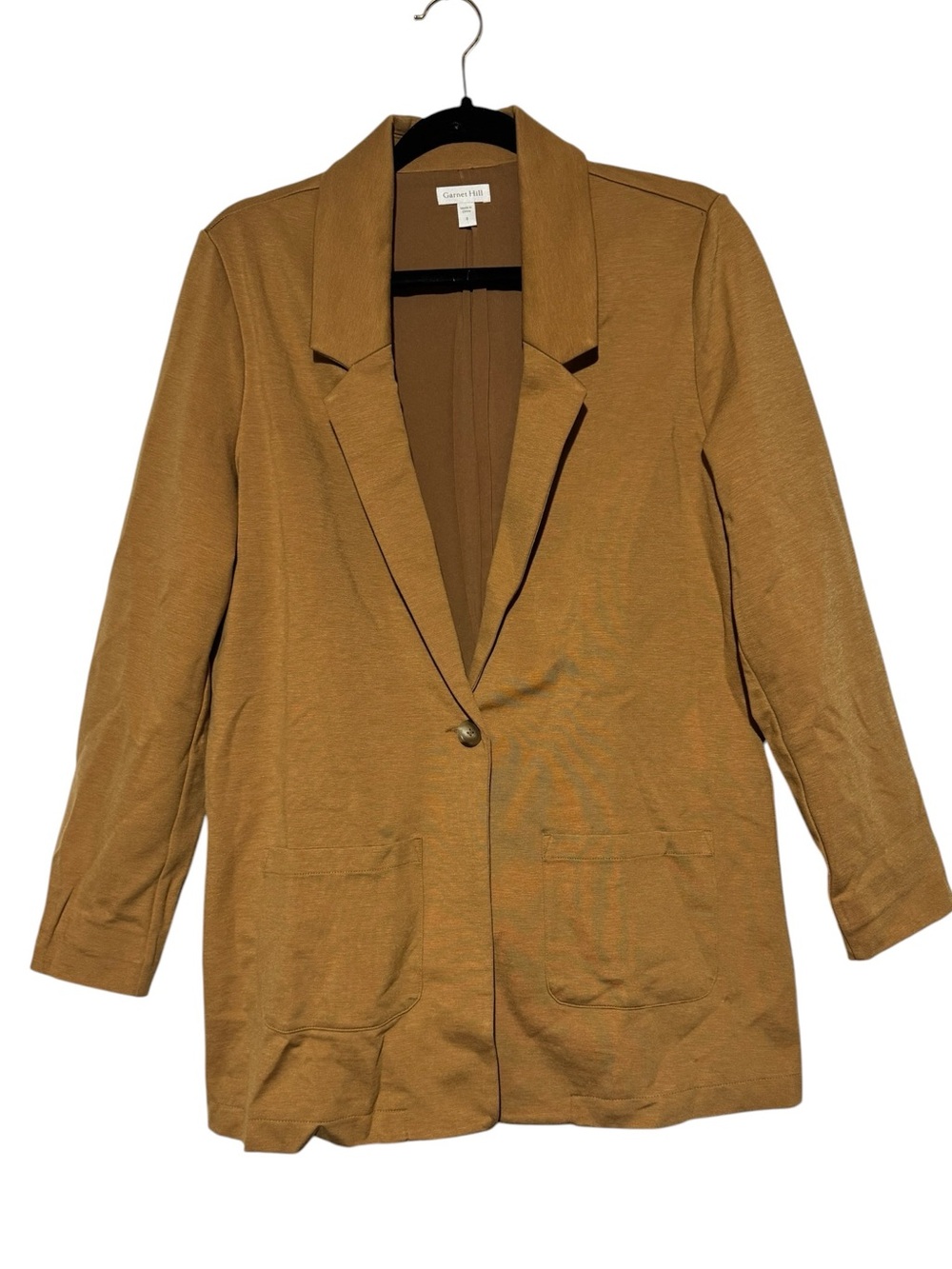 Garnet Hill Camel Blazer Size 8 Tencel Long Stretch Knit Classic Fall Brown Tan